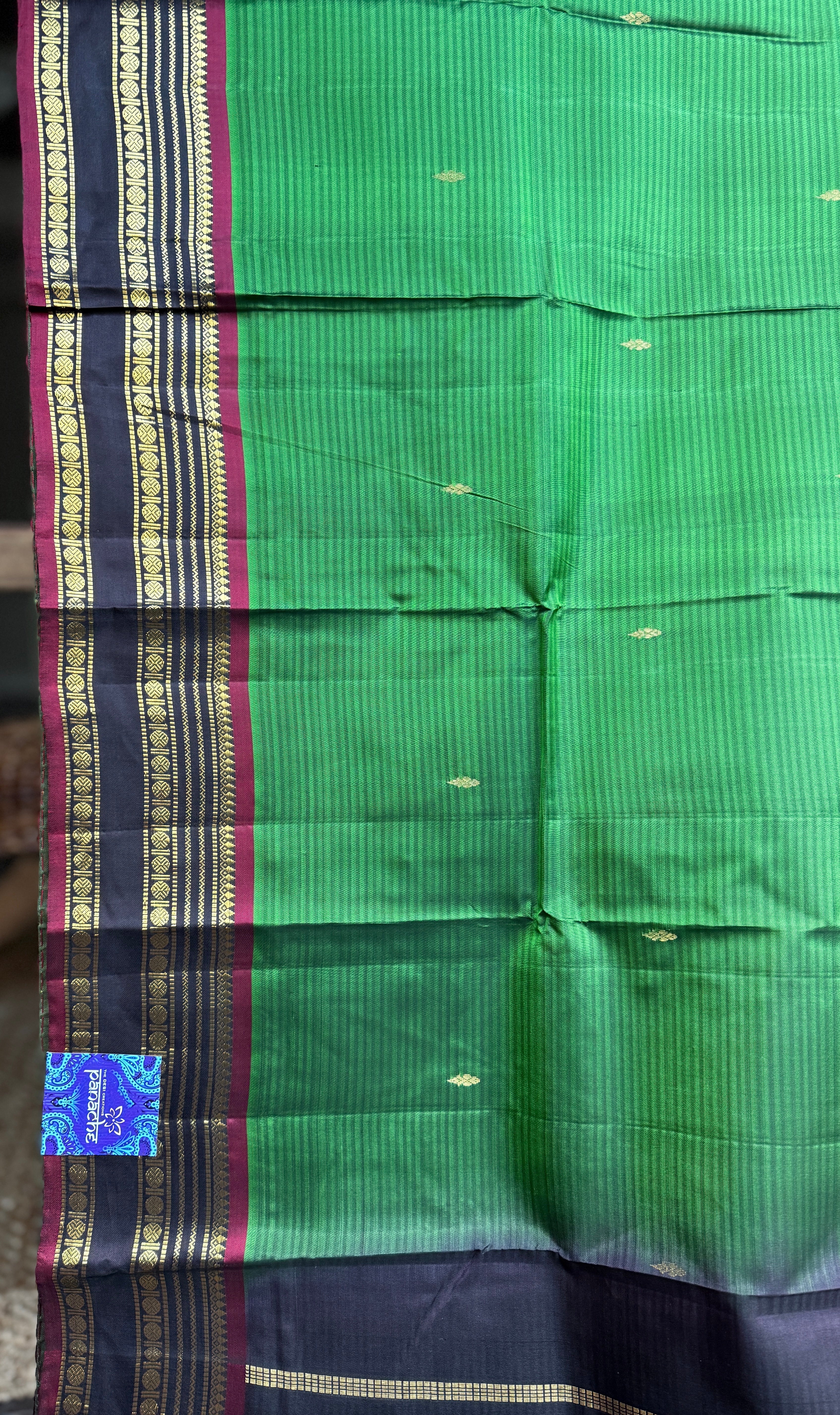 Pure Silk 1gm Zari Kanjivaram - Green Black self Stripe