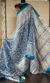 Tussar Silk - Printed Offwhite Firozi Royal Blue