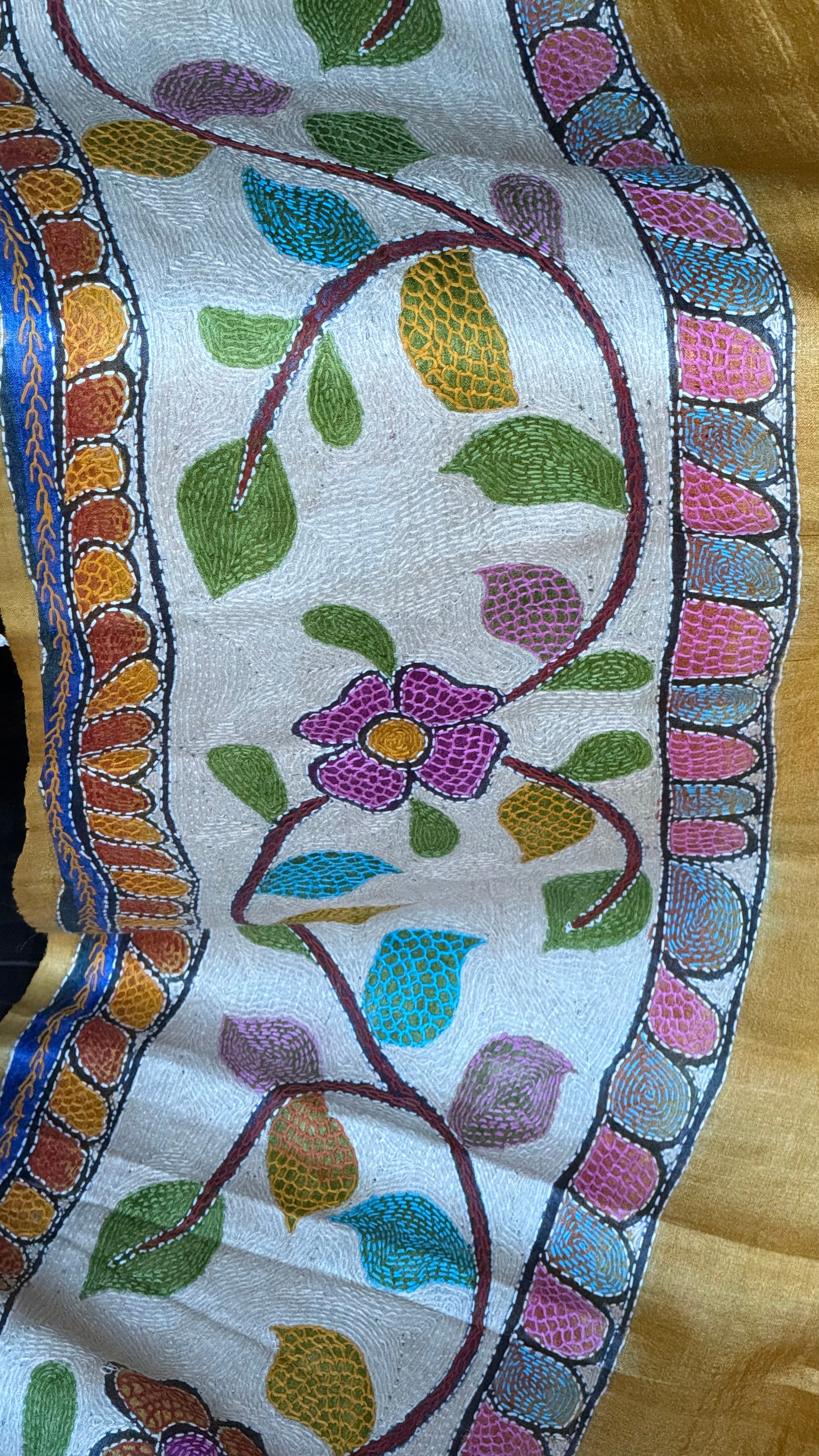 Pure Tussar Silk Sujni Kantha Stitch -  Yellow Peacock