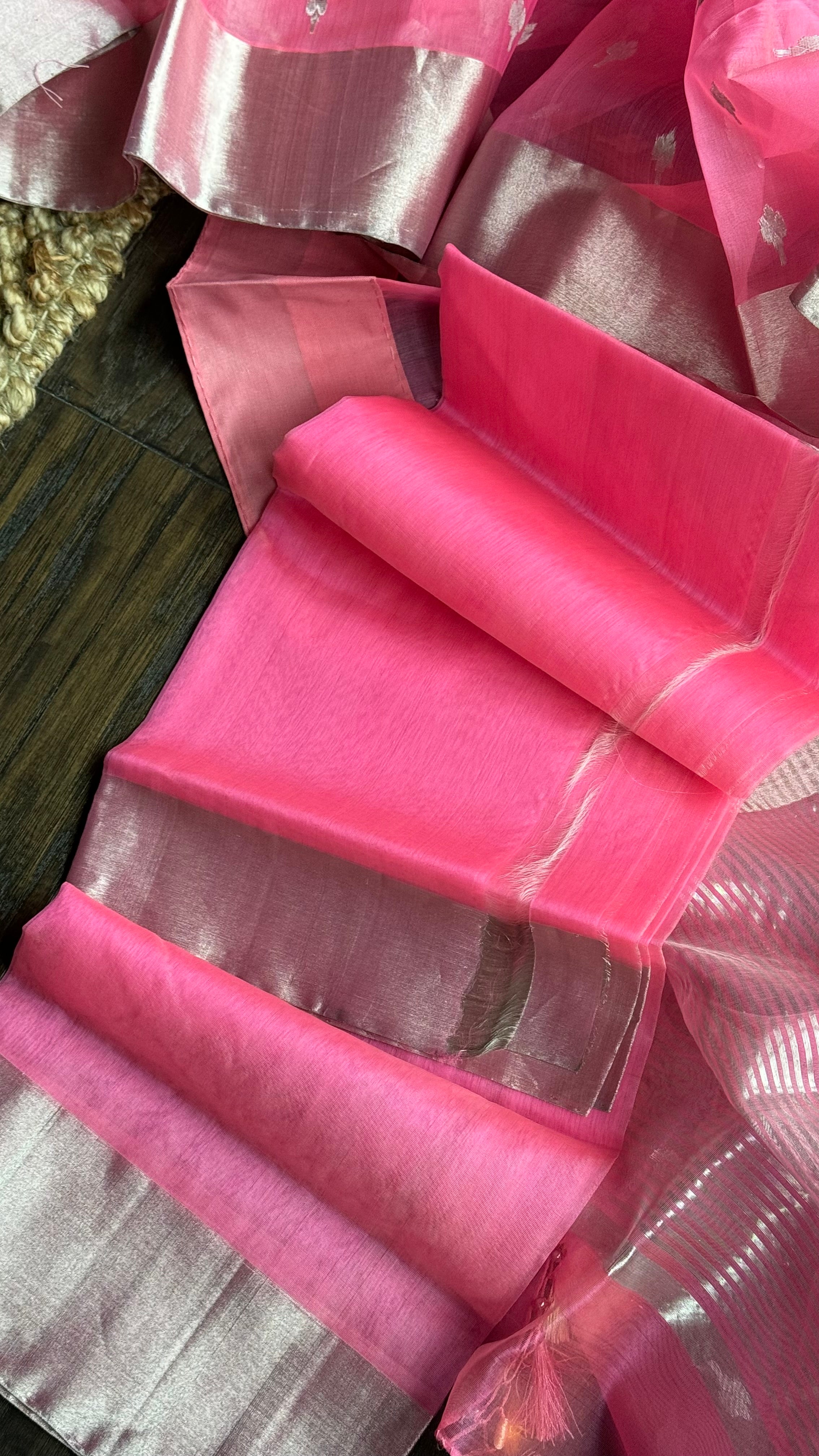 Chanderi Organza Silk - Pink Silver Zari