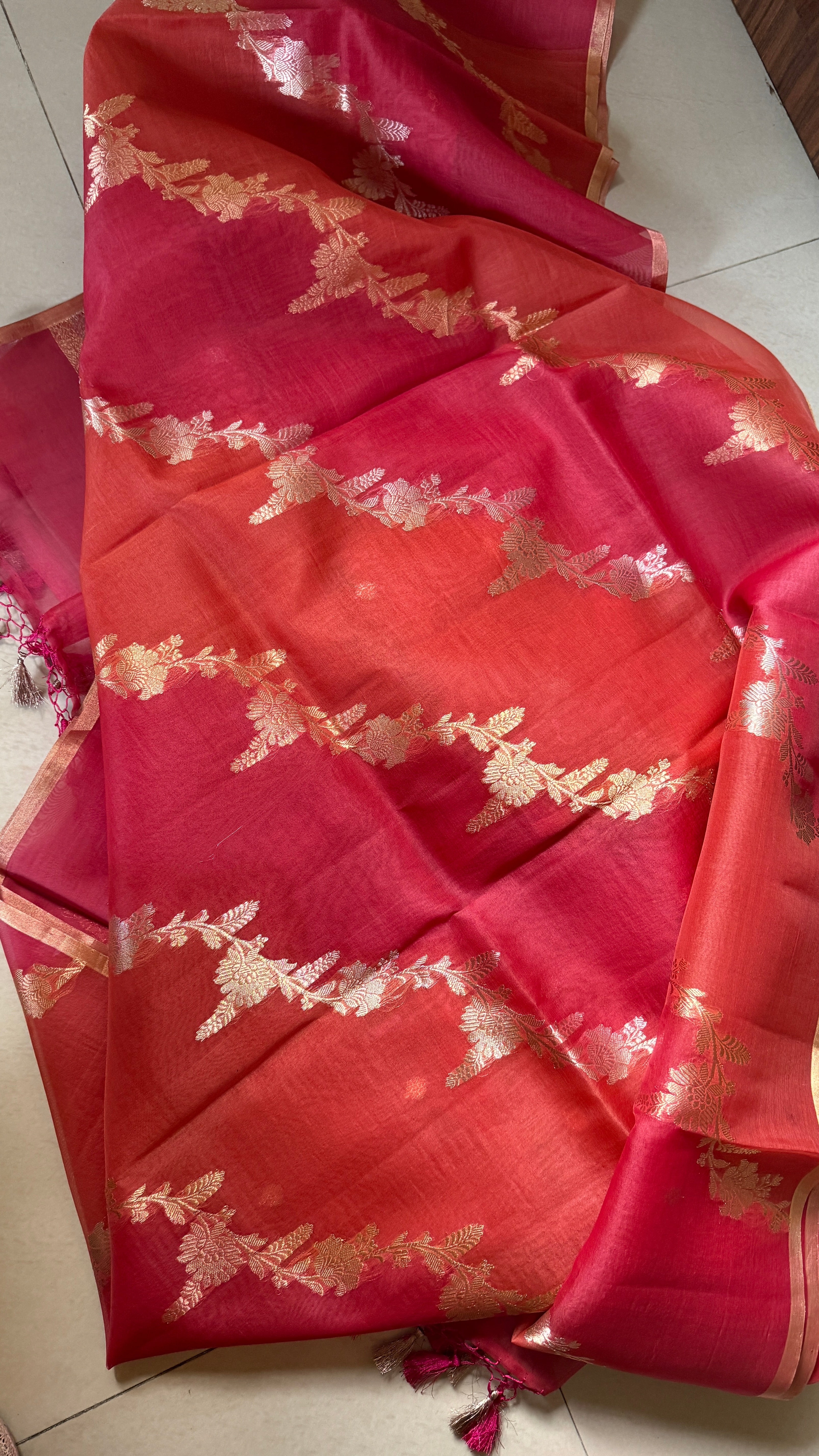 Kora Silk Leheriya Banarsi - Pink Orange Shaded