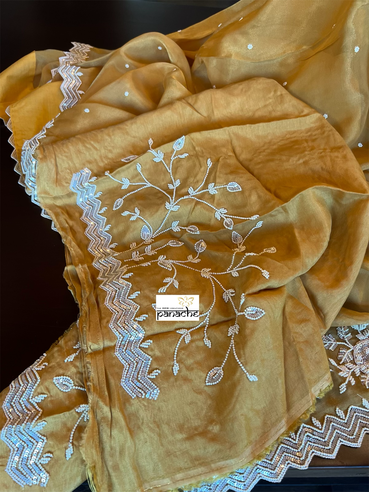 Designer Tissue Silk - Yellow Hand Embroidered