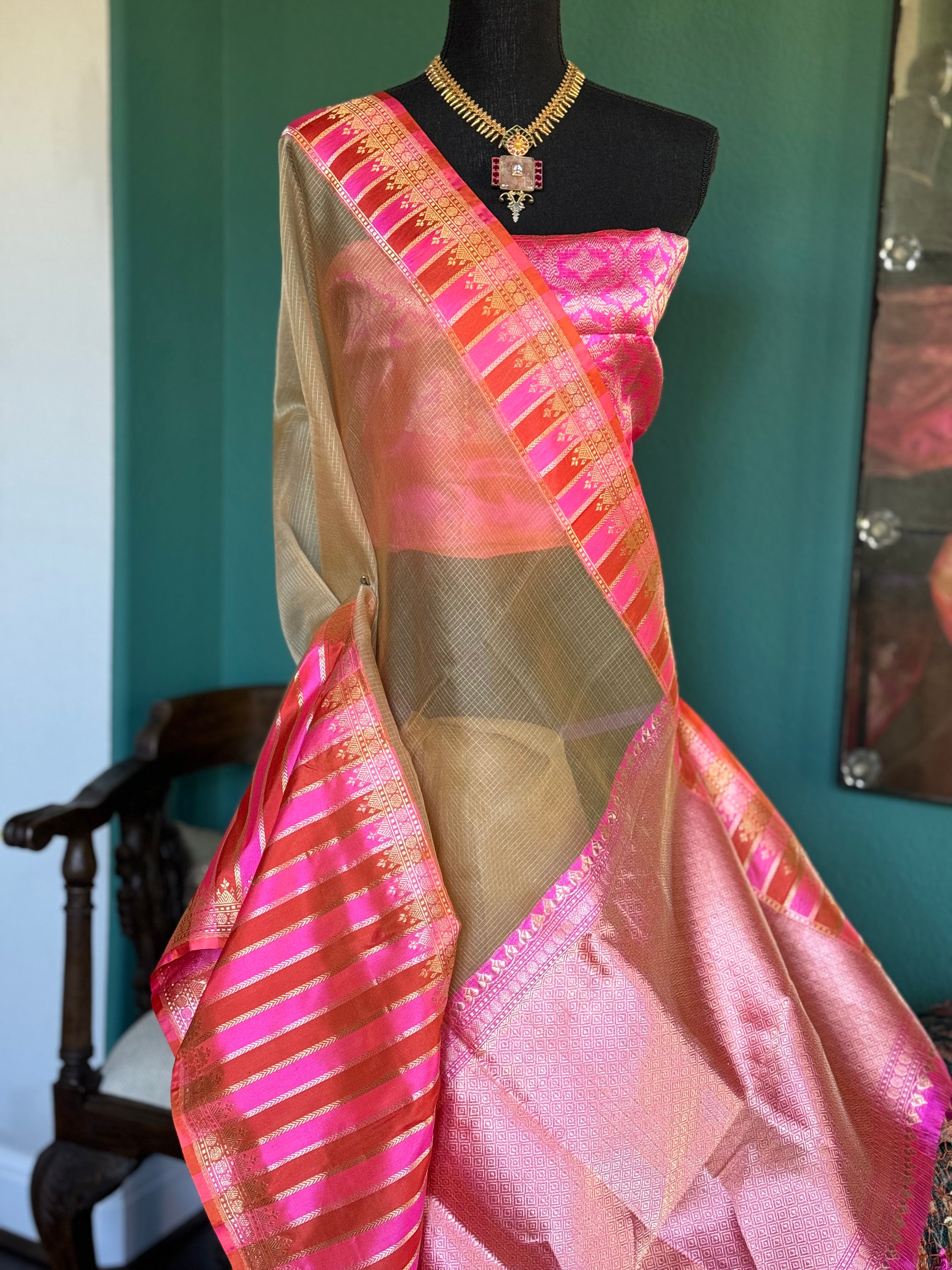 Organza Katan Silk Banarasi -  Tan Pink Orange Checkered