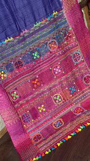 Pure Tussar Silk Lambani - Blue Pink Hand Embroidered