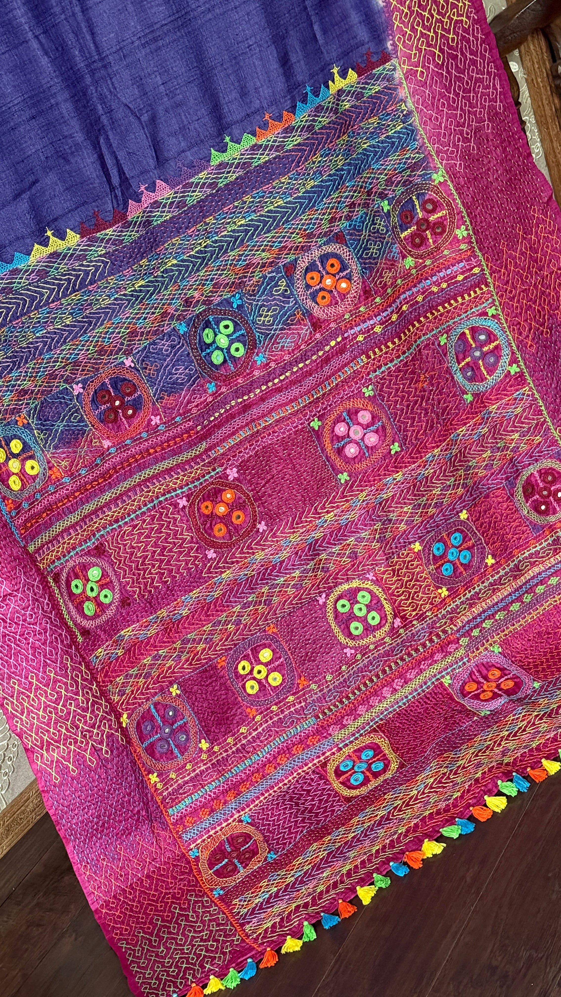 Pure Tussar Silk Lambani - Blue Pink Hand Embroidered