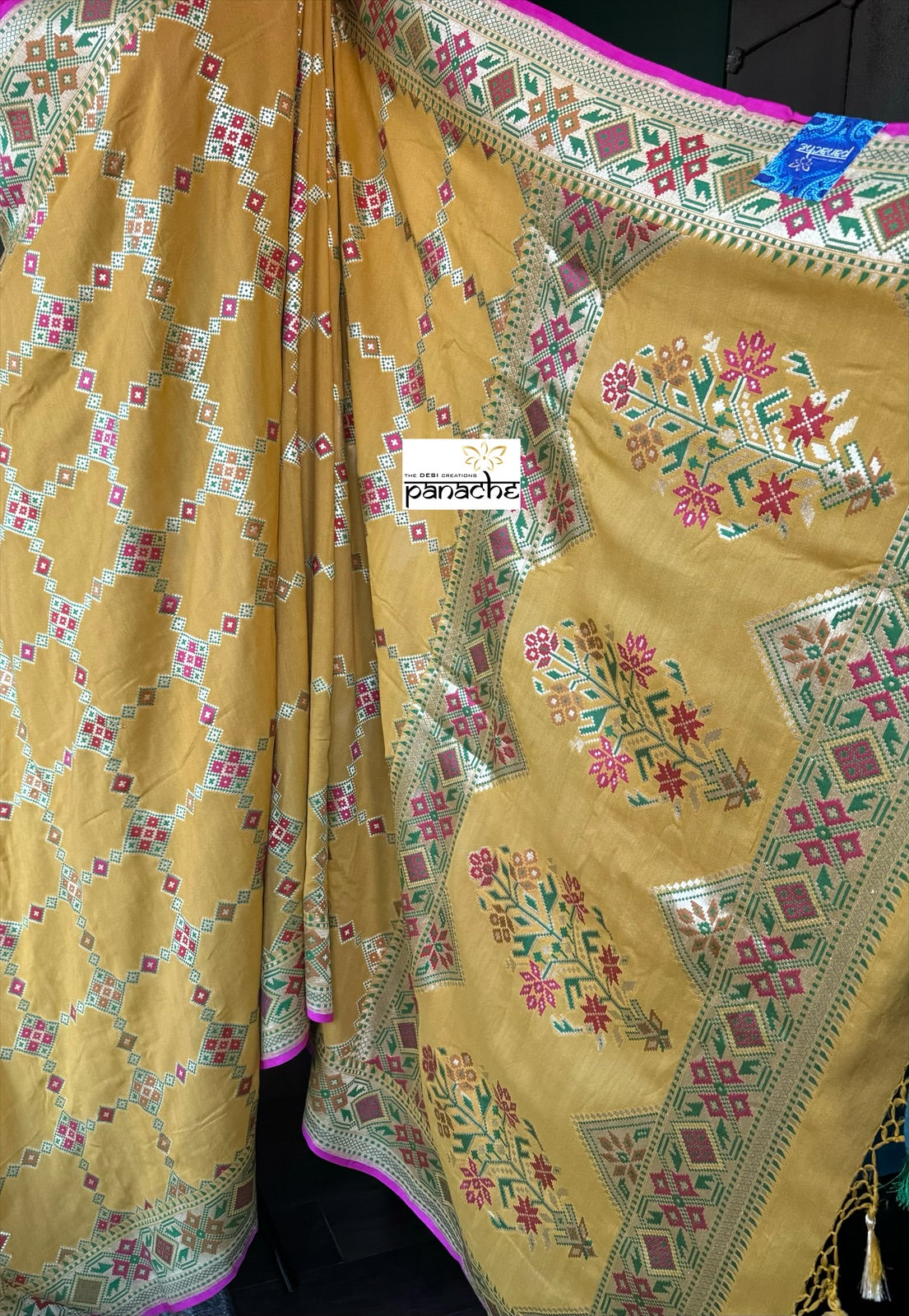 Khaddi Muga Silk Tilfi Banarasi - Yellow Pink Woven