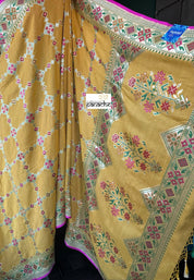 Khaddi Muga Silk Tilfi Banarasi - Yellow Pink Woven