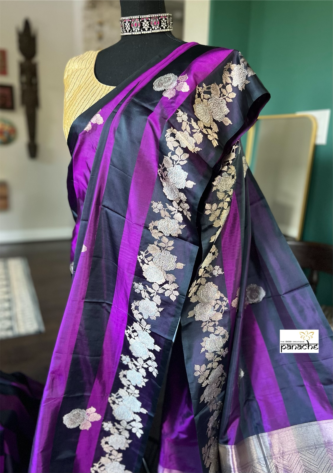 Pure Silk Mashru Banarasi- Black Purple Antique Zari