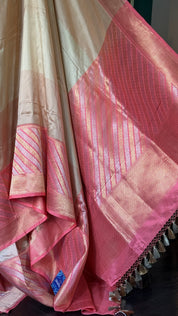 Pure Katan Silk Benarasi - Ivory Pink Golden Silver Zari