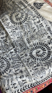 Designer Pure Tussar Silk Kantha Stitch -  Beige Worli Art