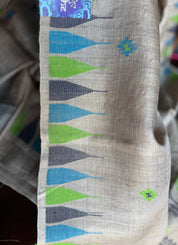 Pure Tussar Silk Jamdaani - Grey Multi Color