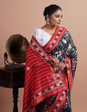 Designer Pure Silk Double Ikat - Black Red Zardori