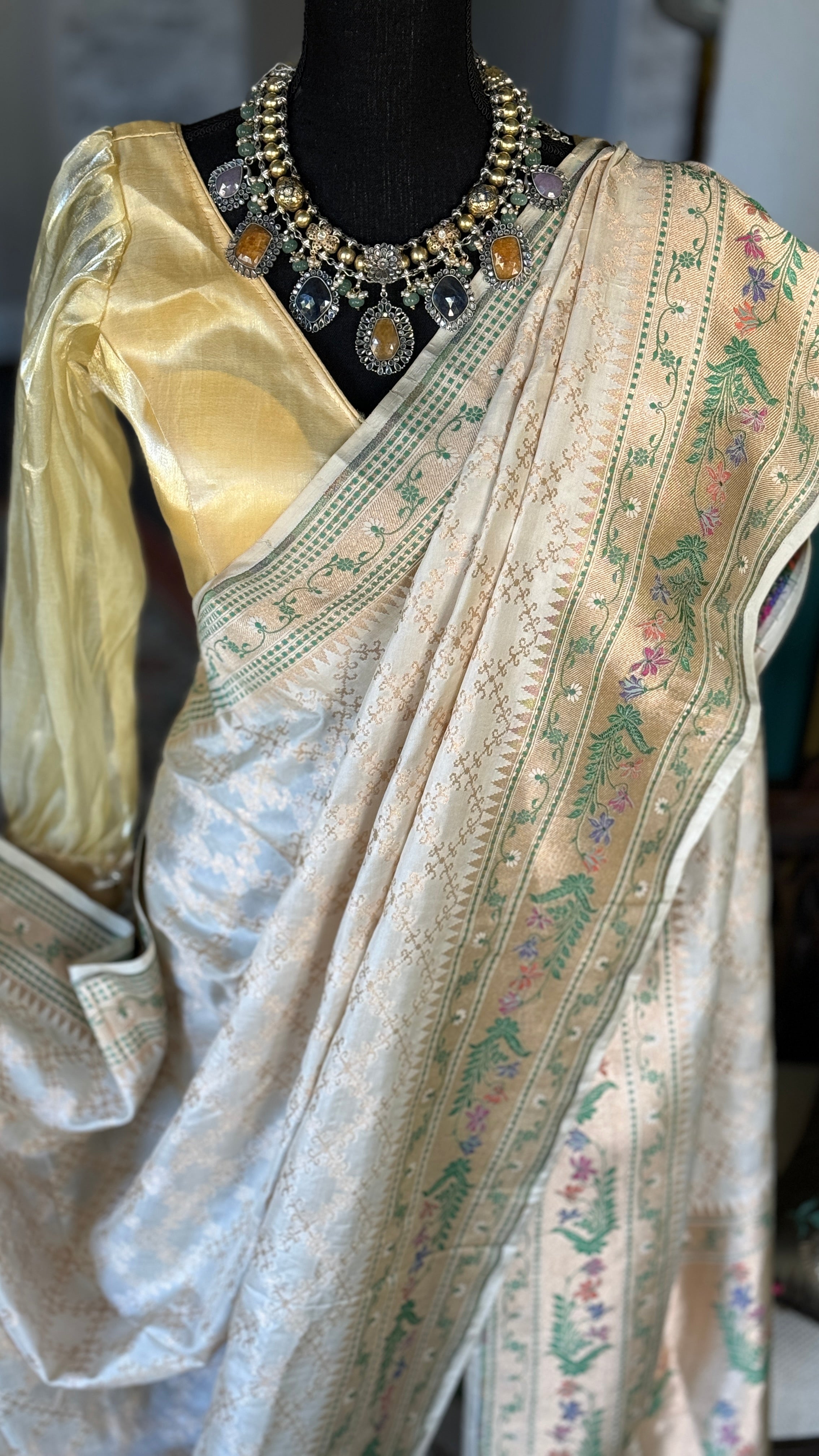 Pure Silk Katan Tilfi Banarasi- Cream Green