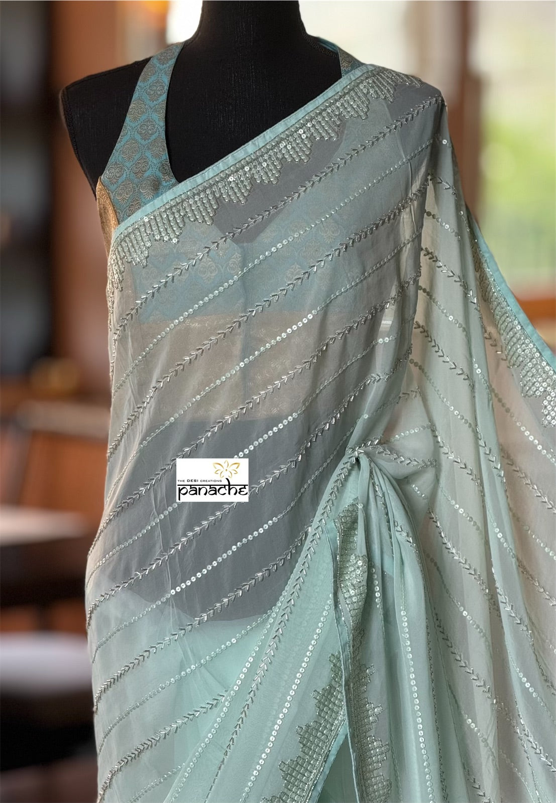 Designer Georgette Organza - Mint Hand Embroidered