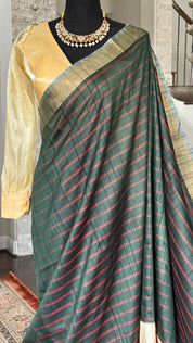 Pure Tassur Silk Banarasi - Dark Black Avocado Green Striped