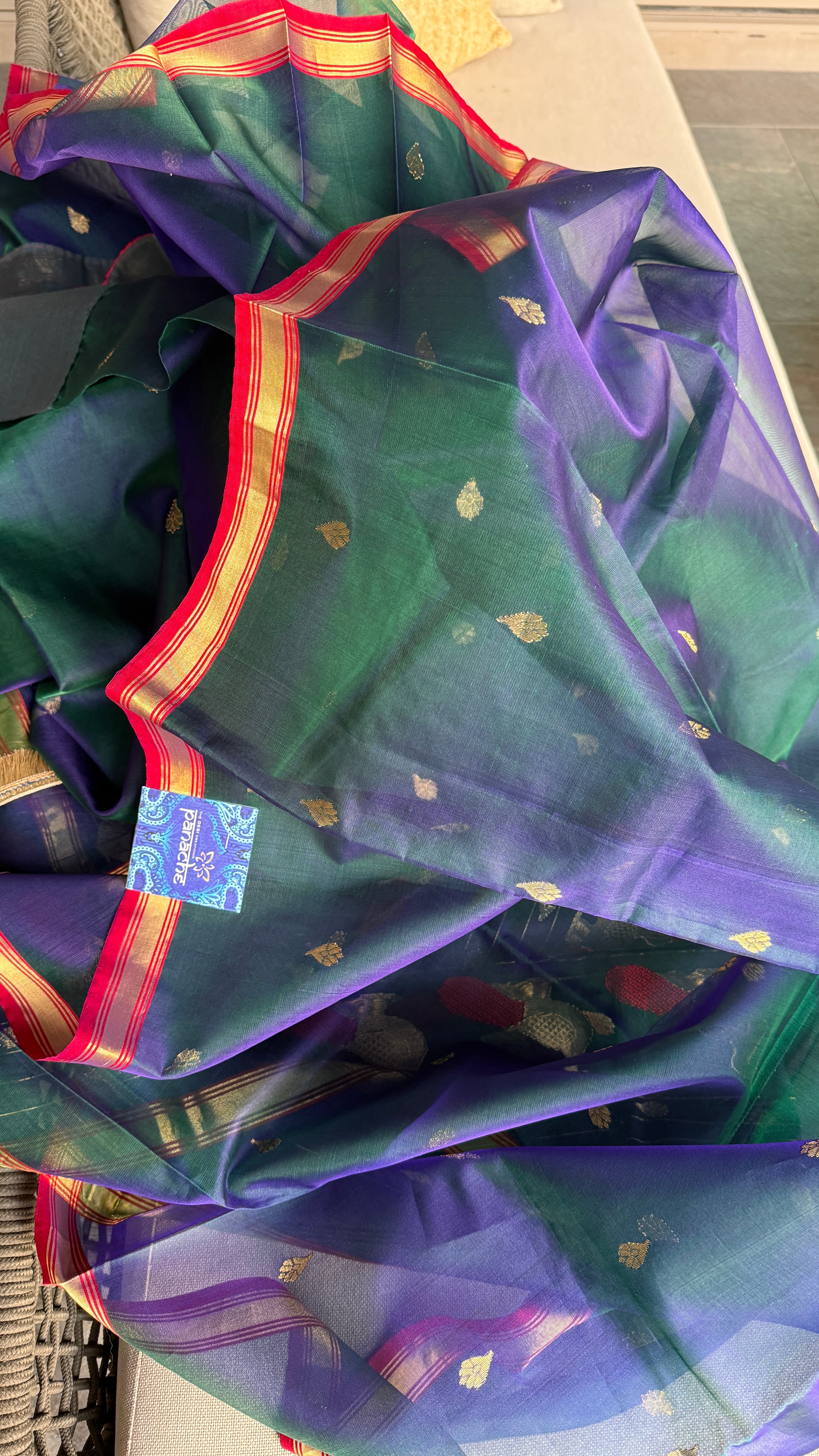 Chanderi Organza Silk - Peacock color Dual shaded