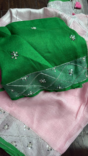 Designer Linen Sequin embroidered - Light Pink Green