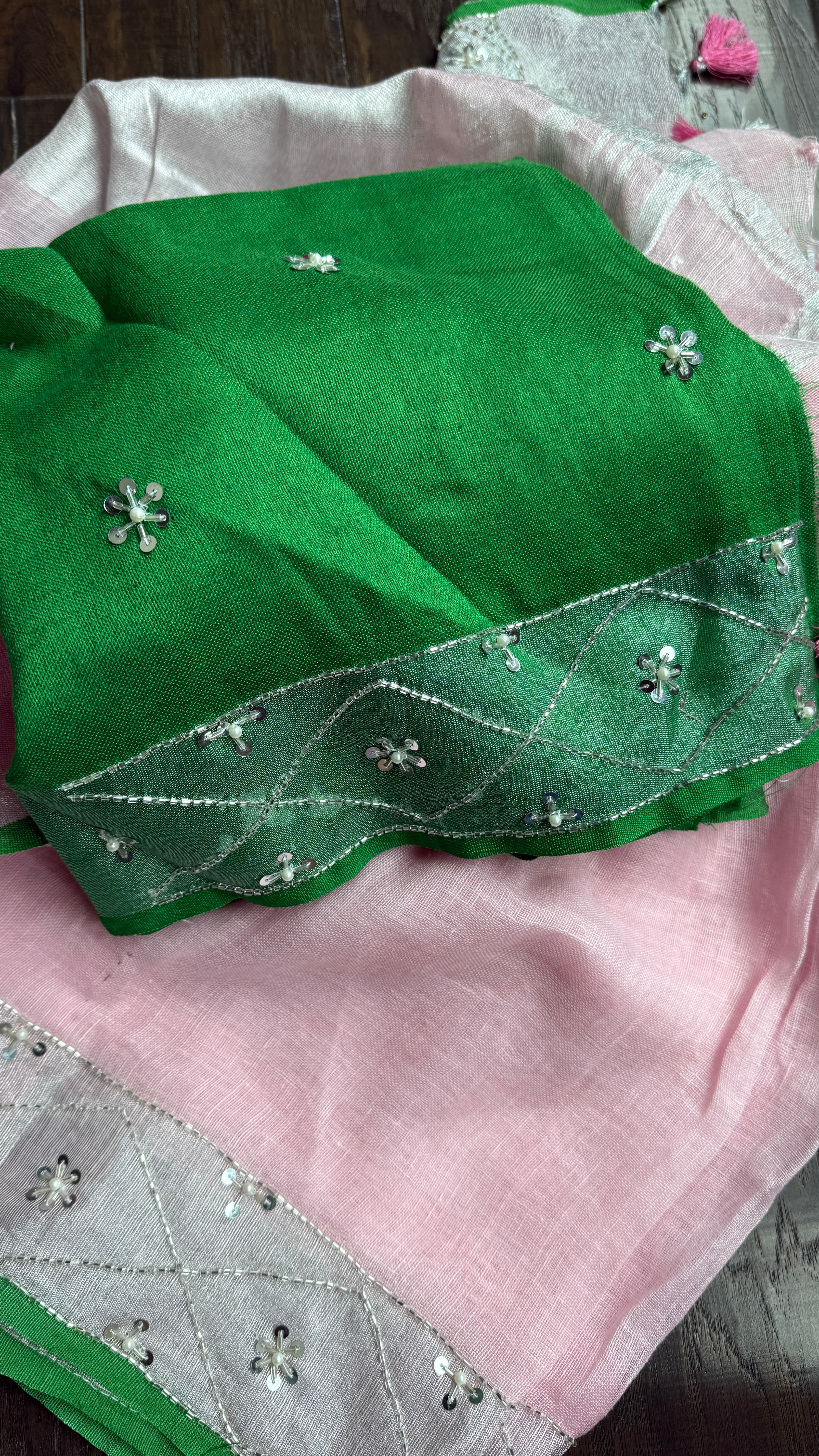 Designer Linen Sequin embroidered - Light Pink Green