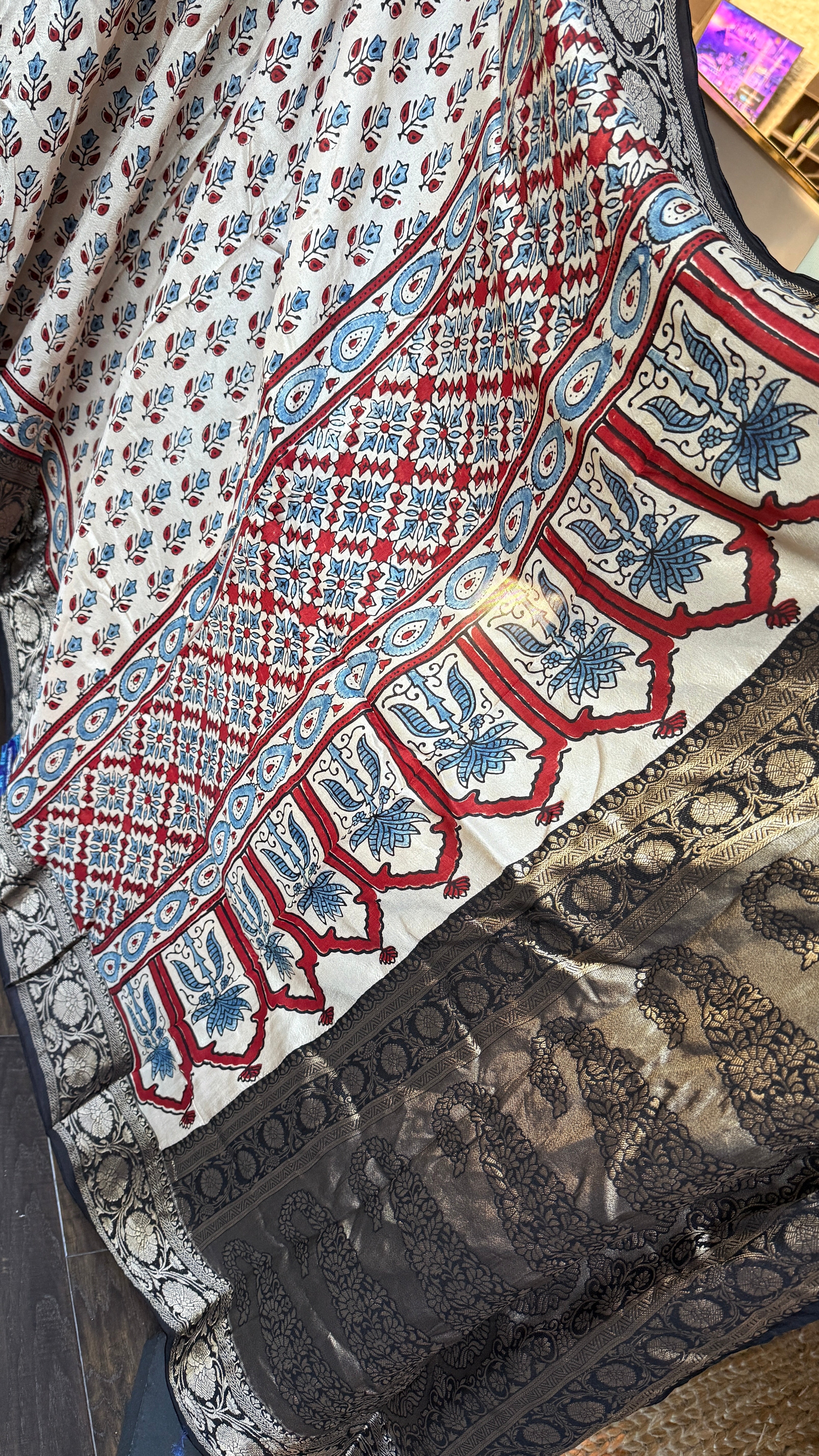 Dola Silk Ajrakh - Cream Black