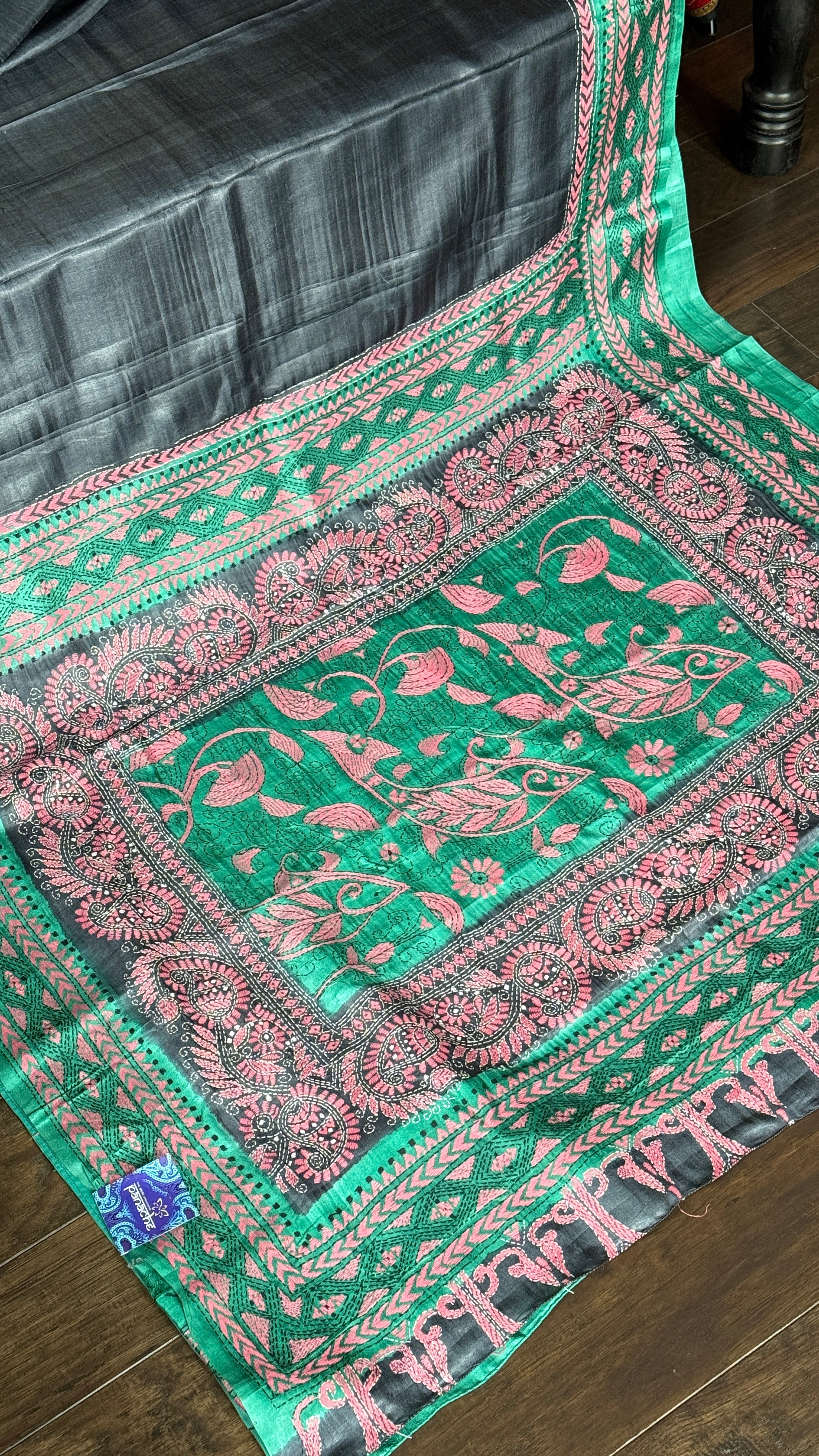 Pure Tussar Silk Kantha Stitch -  Grey Green