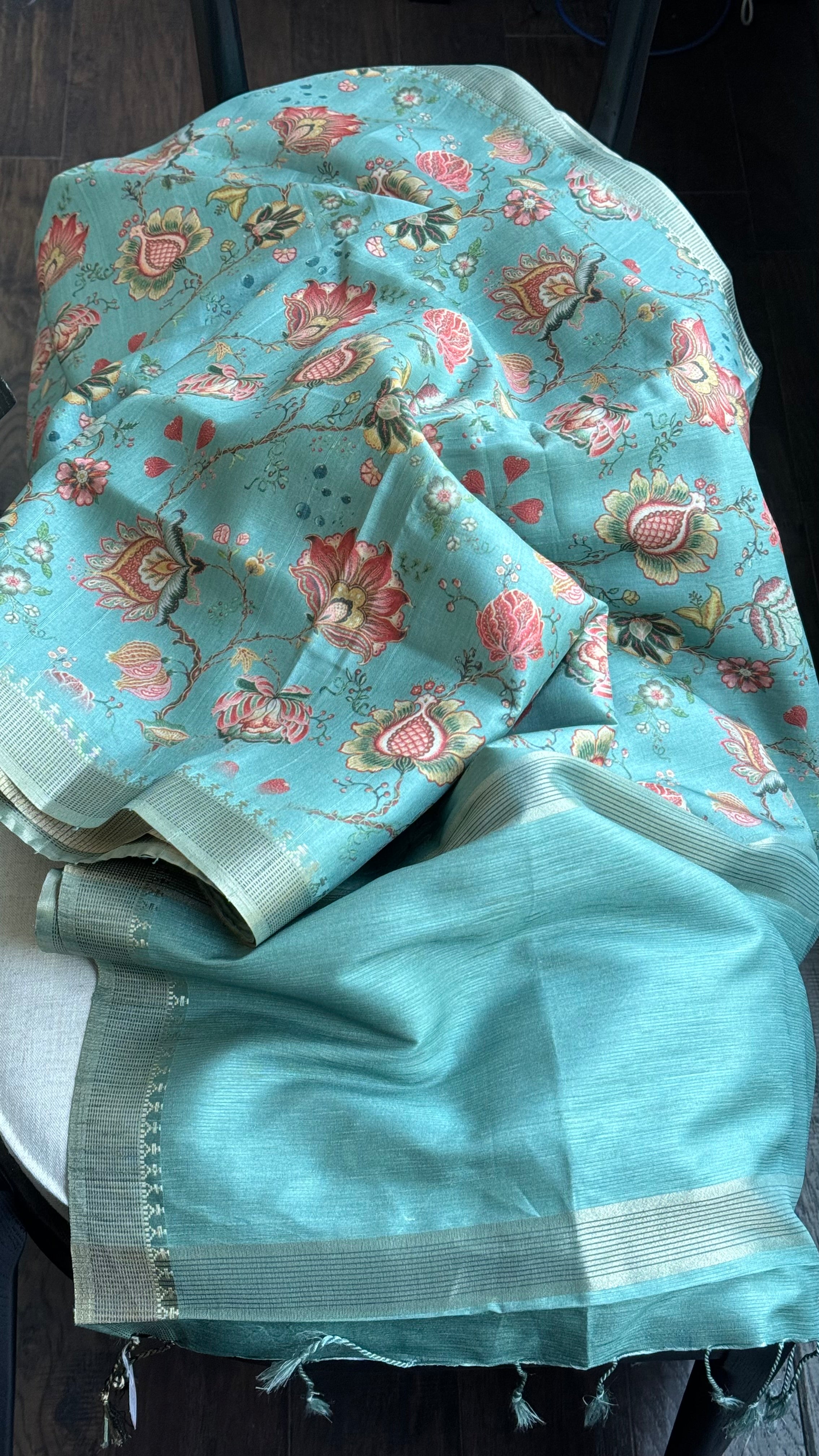 Designer Tussar Floral - Aqua Blue