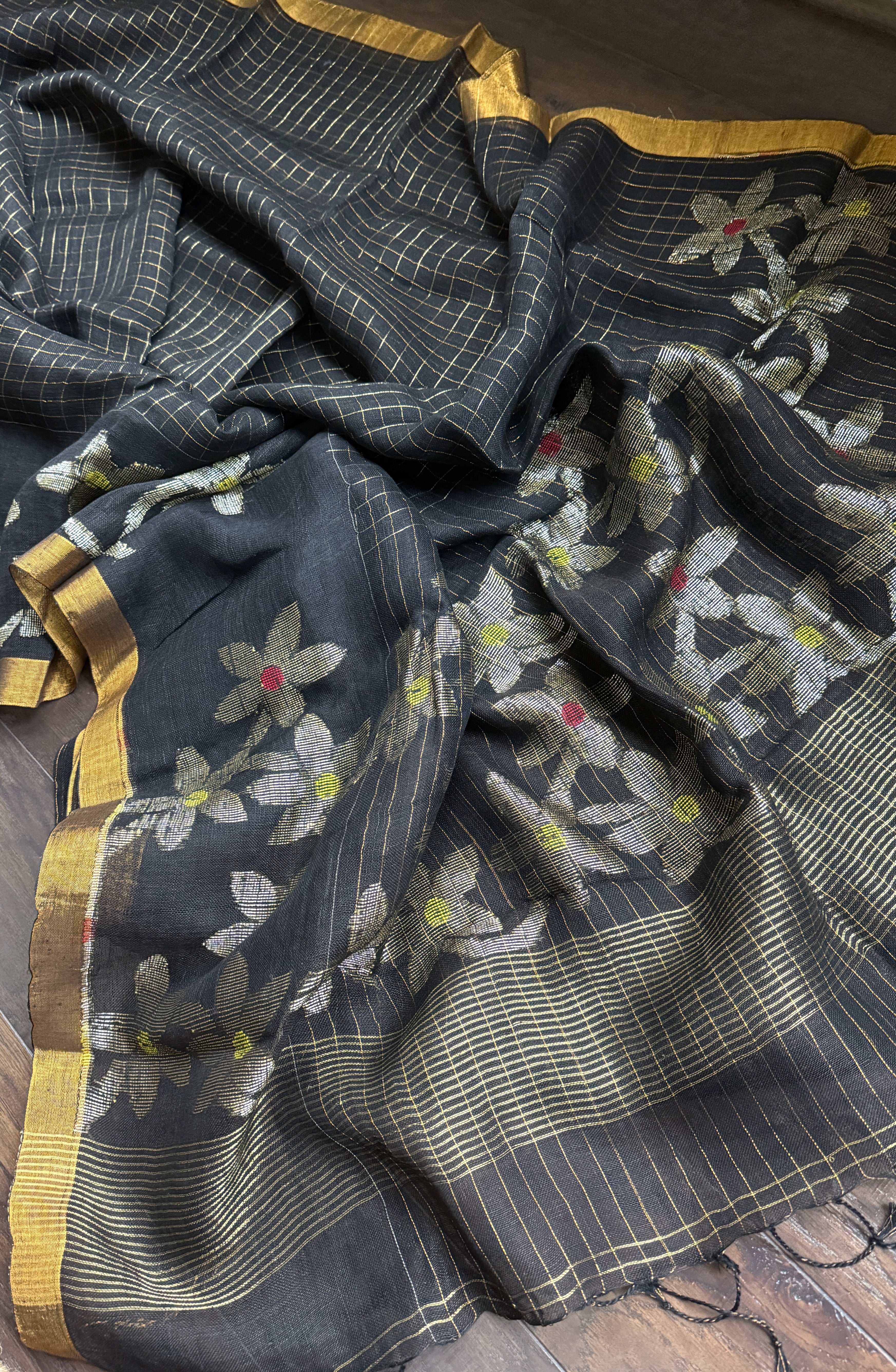 Linen Jamdaani - Black Zari Checkered