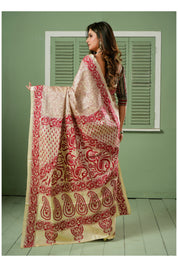 Pure Tussar Silk Kantha Stitch -  Beige Maroon
