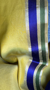 Maheshwari Tissue Silk Satin - Light Lemon Yellow Blue Green