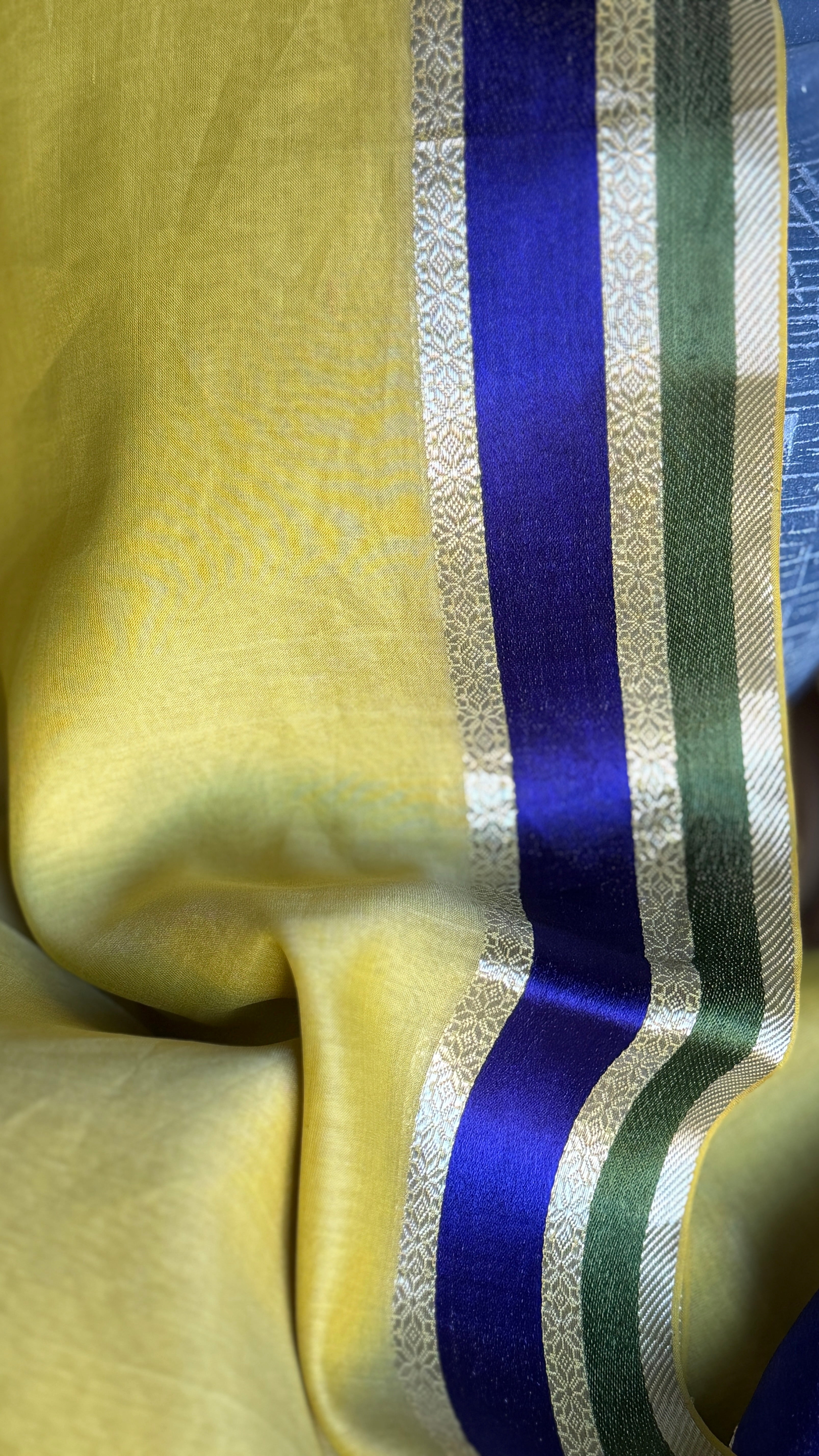 Maheshwari Tissue Silk Satin - Light Lemon Yellow Blue Green