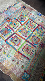 Pure Tussar Silk Lambani - Beige Zari Checks Hand Embroidered