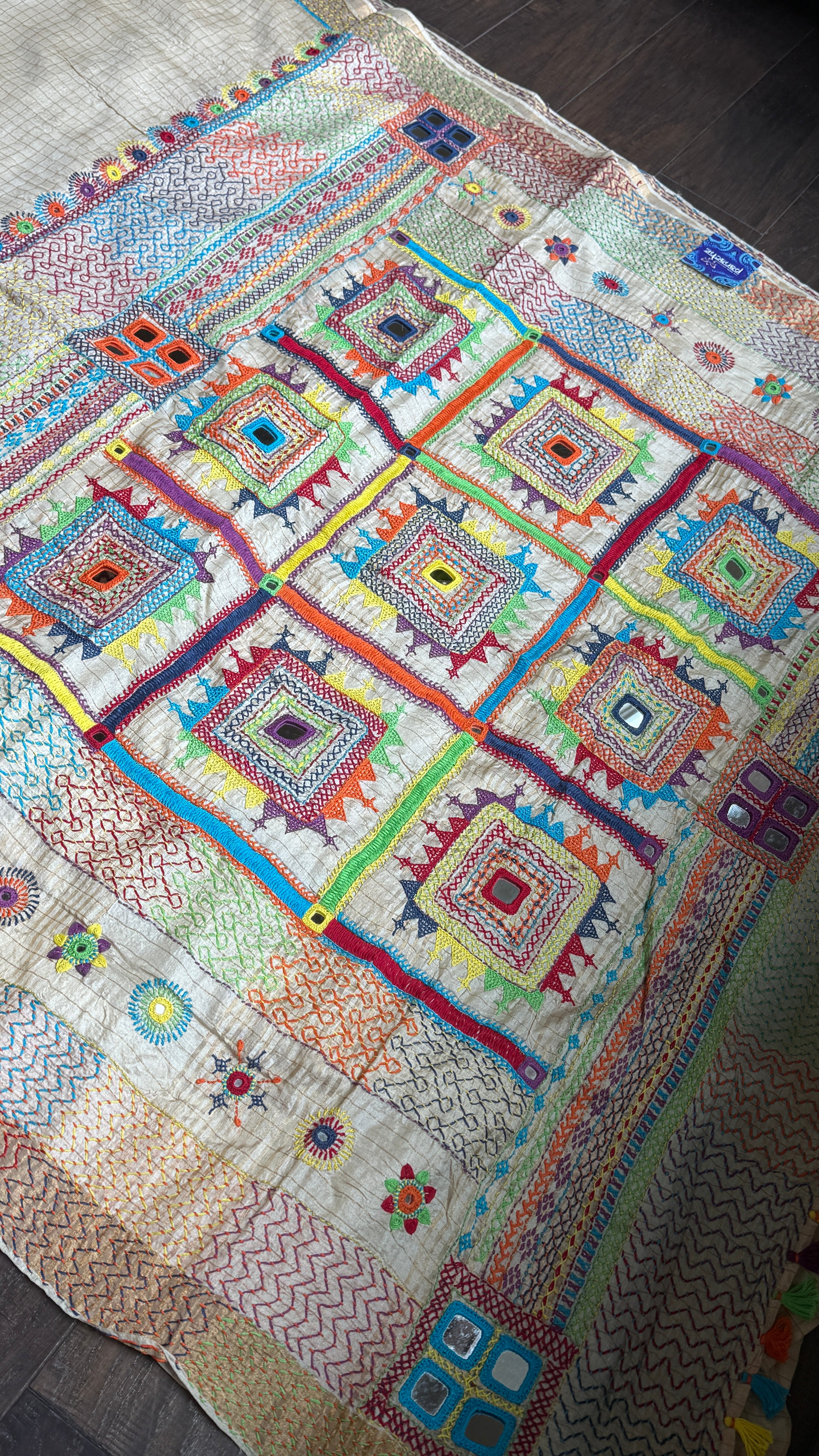 Pure Tussar Silk Lambani - Beige Zari Checks Hand Embroidered
