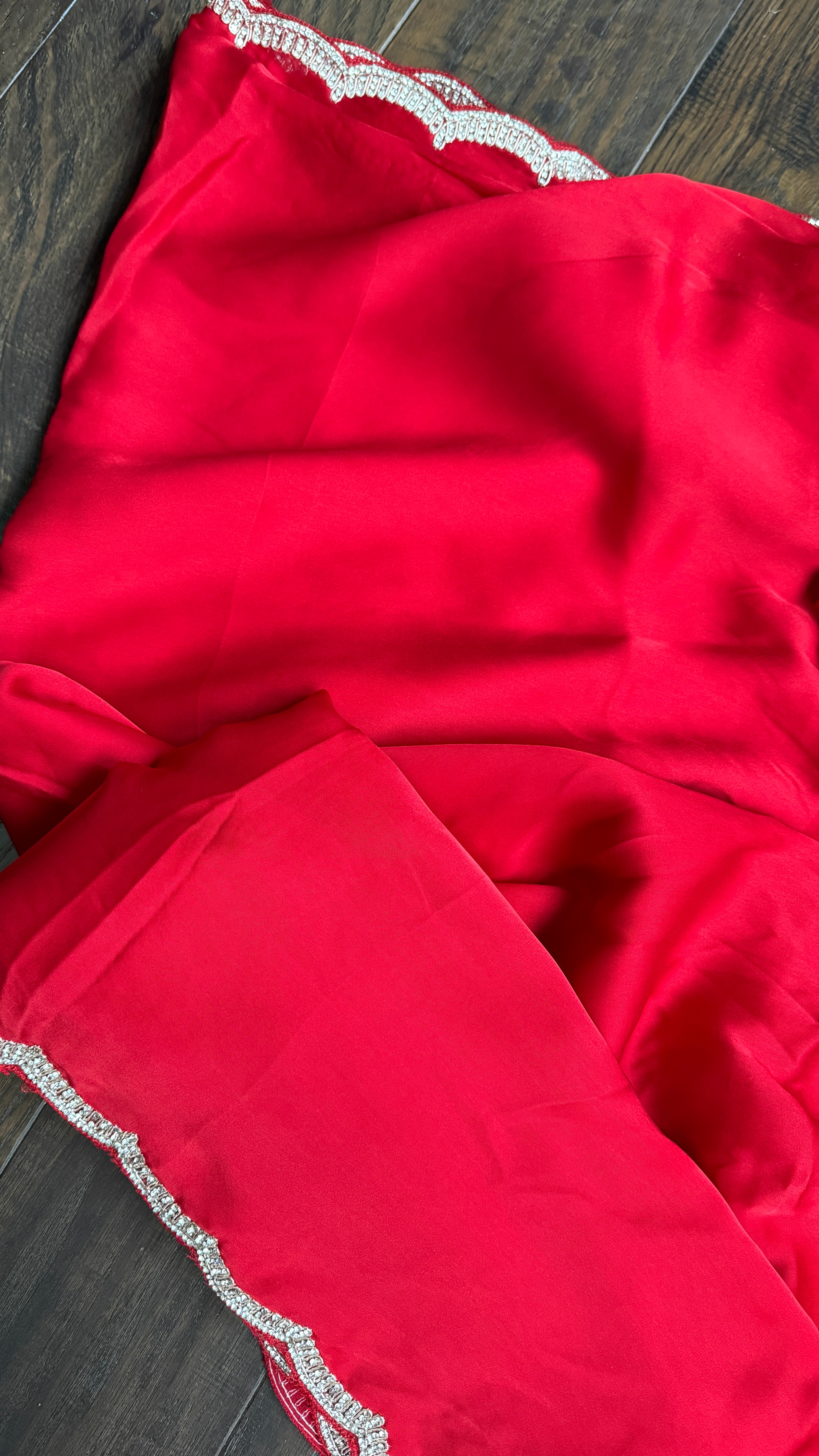 Designer Satin Silk - Red Stone Border