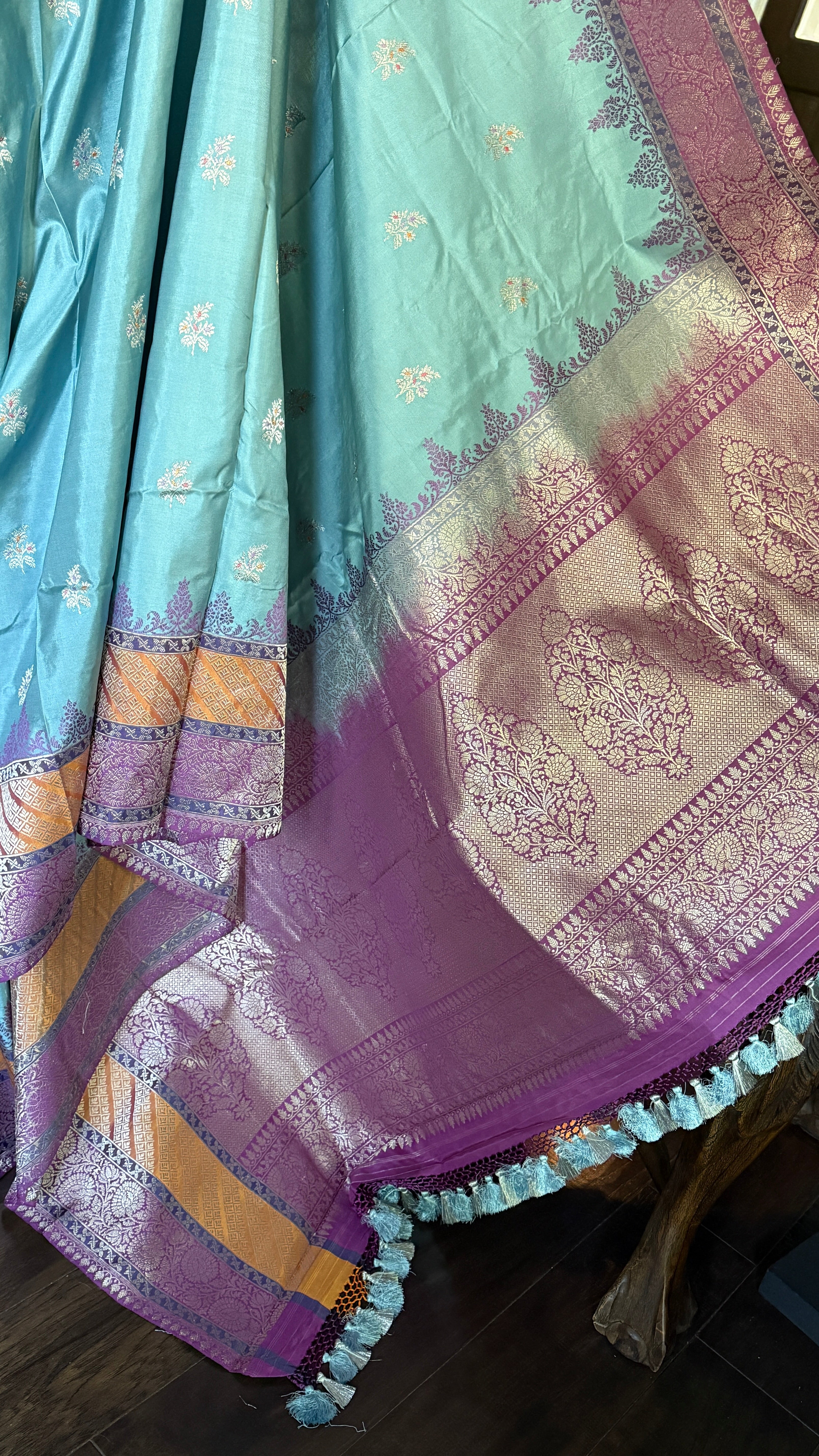 Pure Silk Katan Banarasi- Light Blue Kadhua Antique Silver Zari