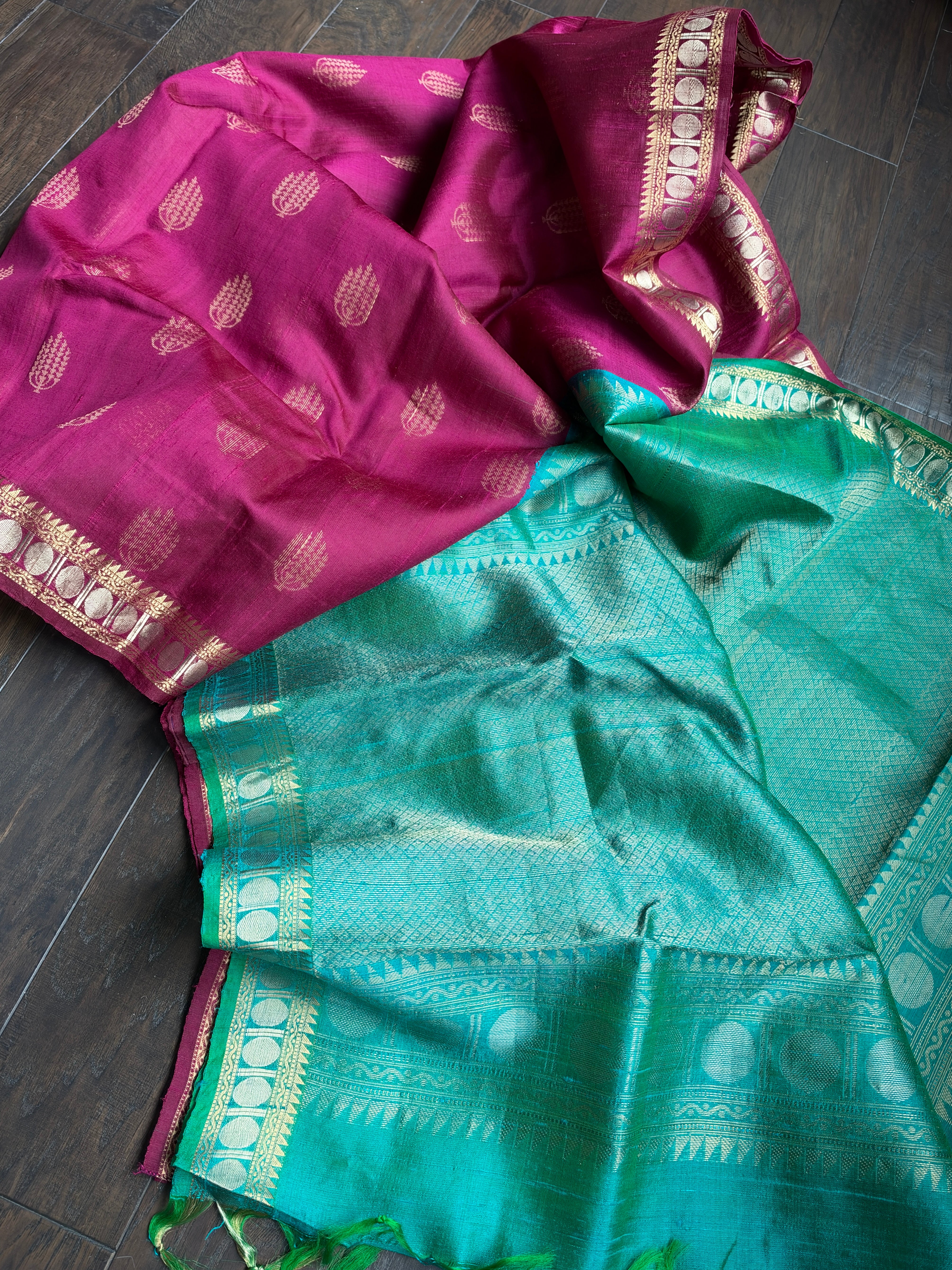 Raw Silk Banarasi - Magenta Sea Green