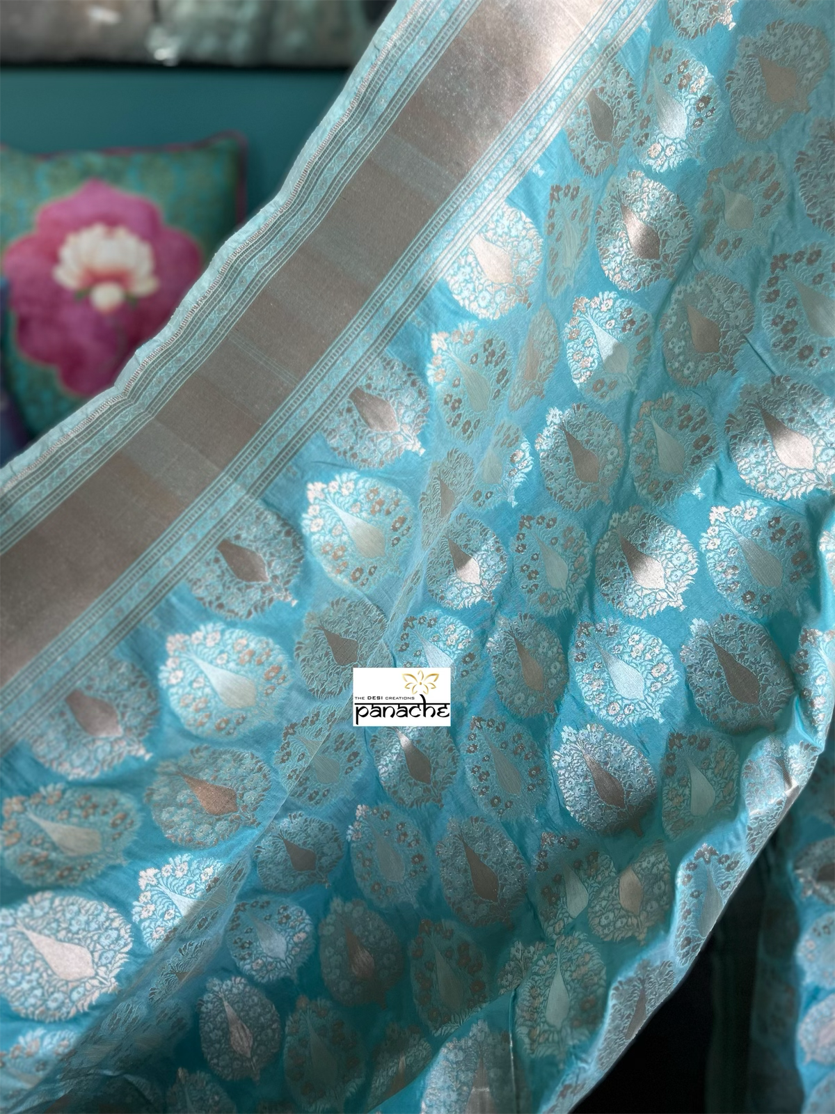 Pure Silk Katan Tissue Banarasi- Firozi Meenakari