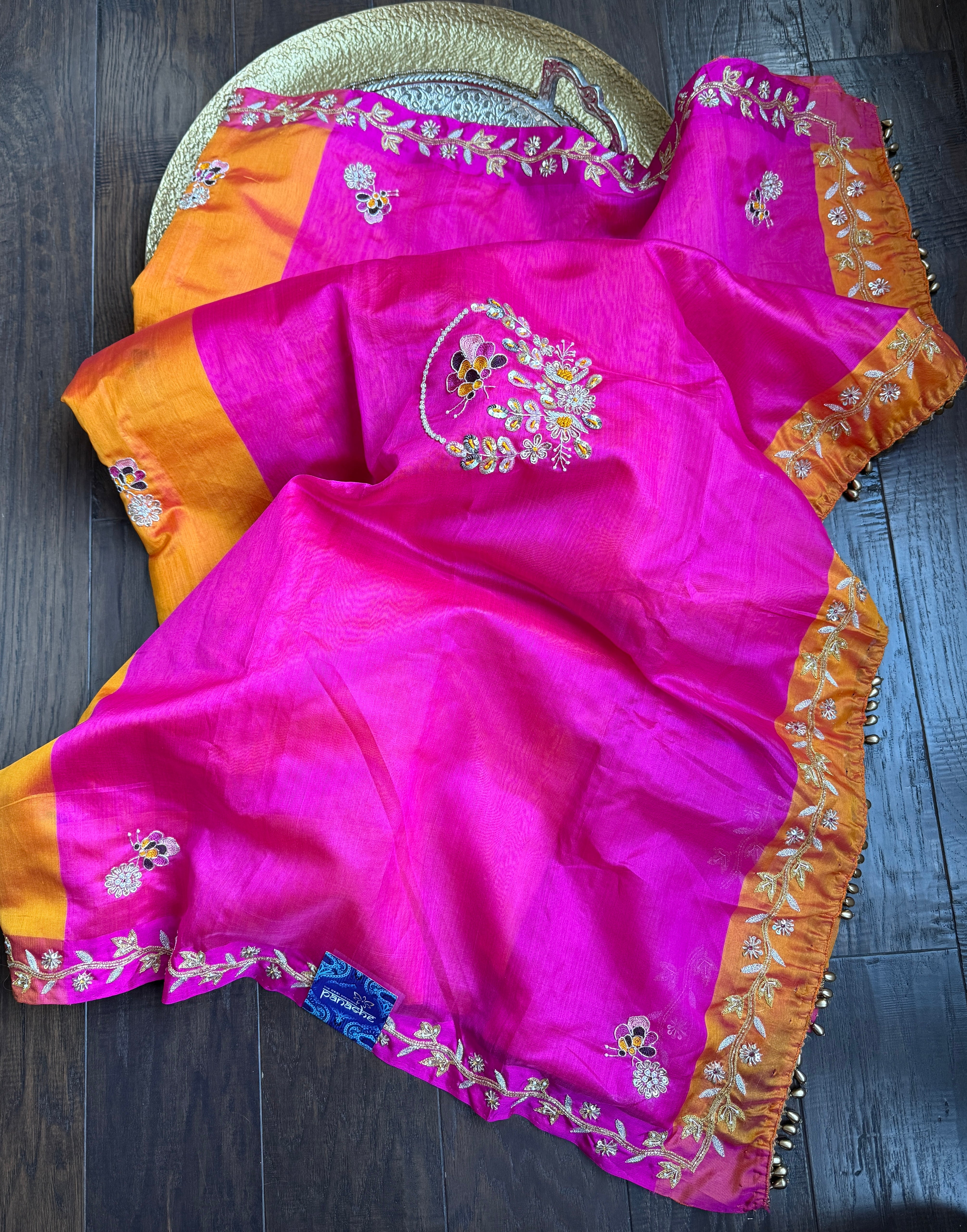 Hand Zardozi Pure Chanderi Pattu Silk - Orange Pink Woven
