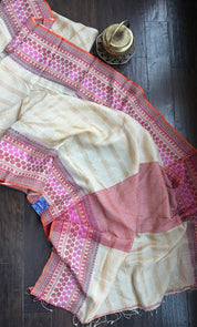 Pure Tussar Silk - Beige Striped Multi color