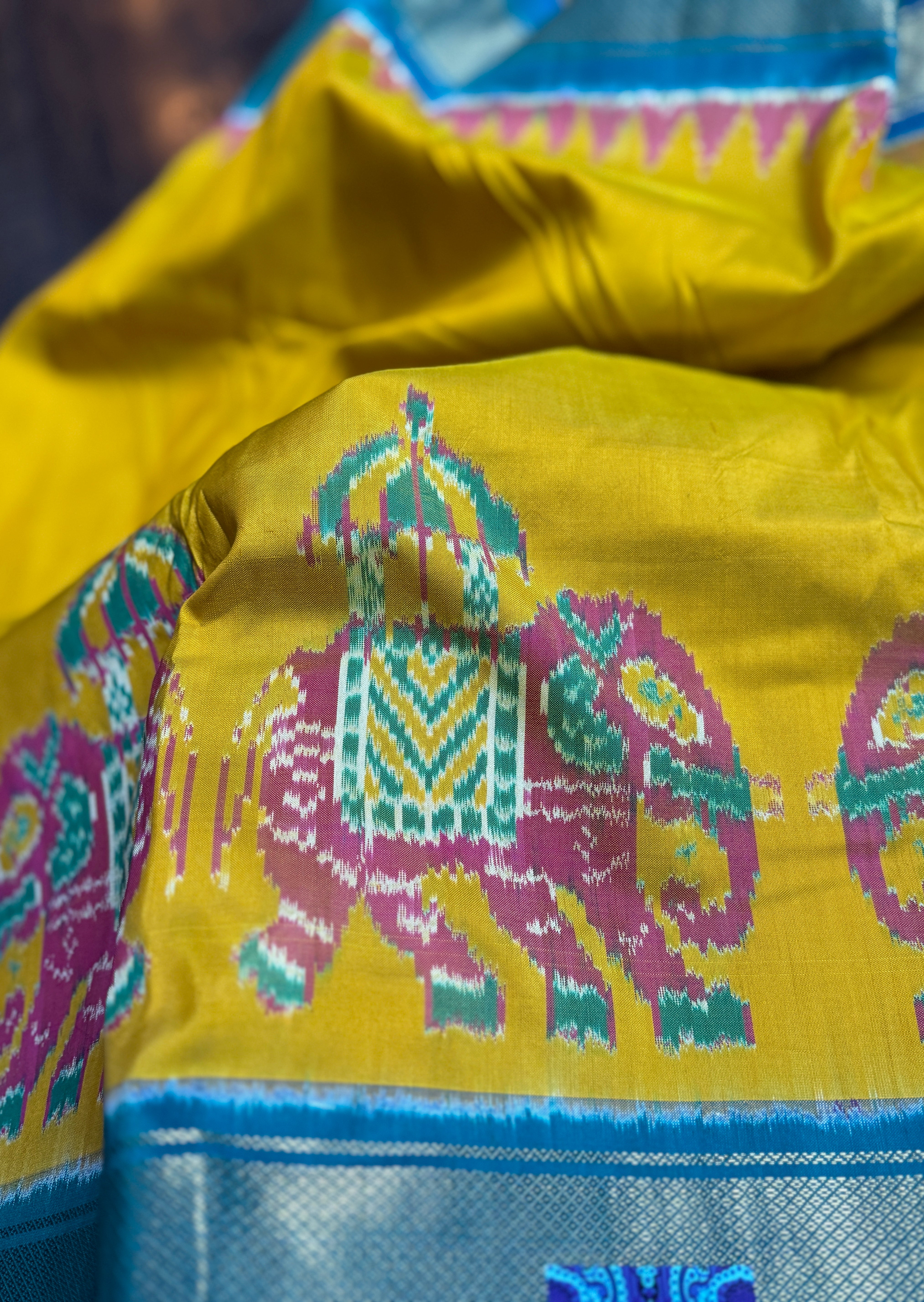 Pure Silk Ikat - Yellow Firozi Pochampally