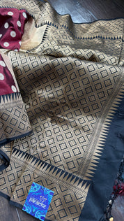 Pure Silk Katan Banarasi - Wine Maroon Black