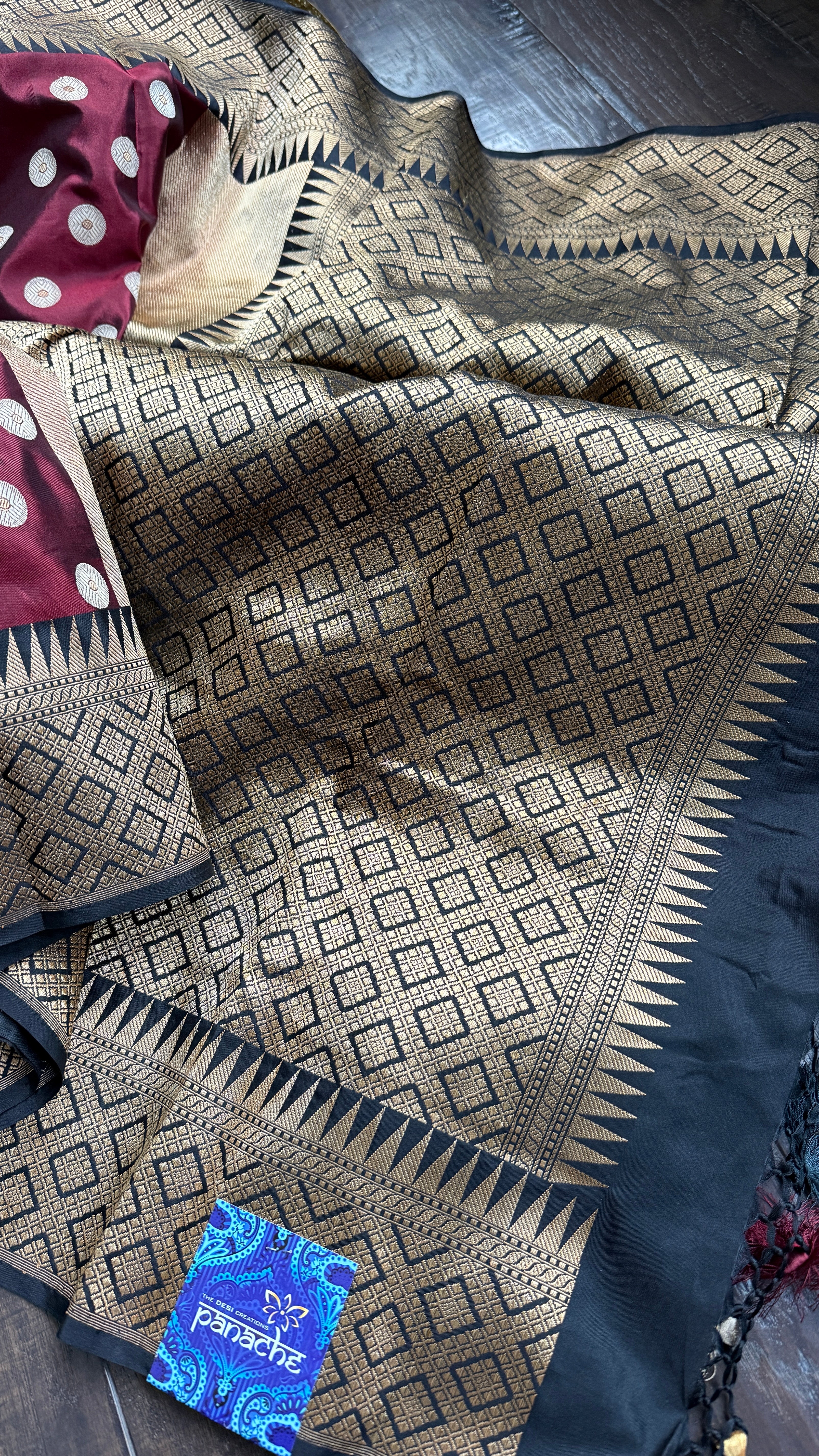 Pure Silk Katan Banarasi - Wine Maroon Black