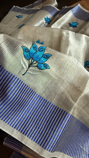 Designer Linen Tissue - Silver Grey Blue Embroidered
