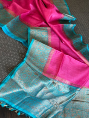 Tussar Silk Banarasi - Magenta Pink Firozi Antique Zari