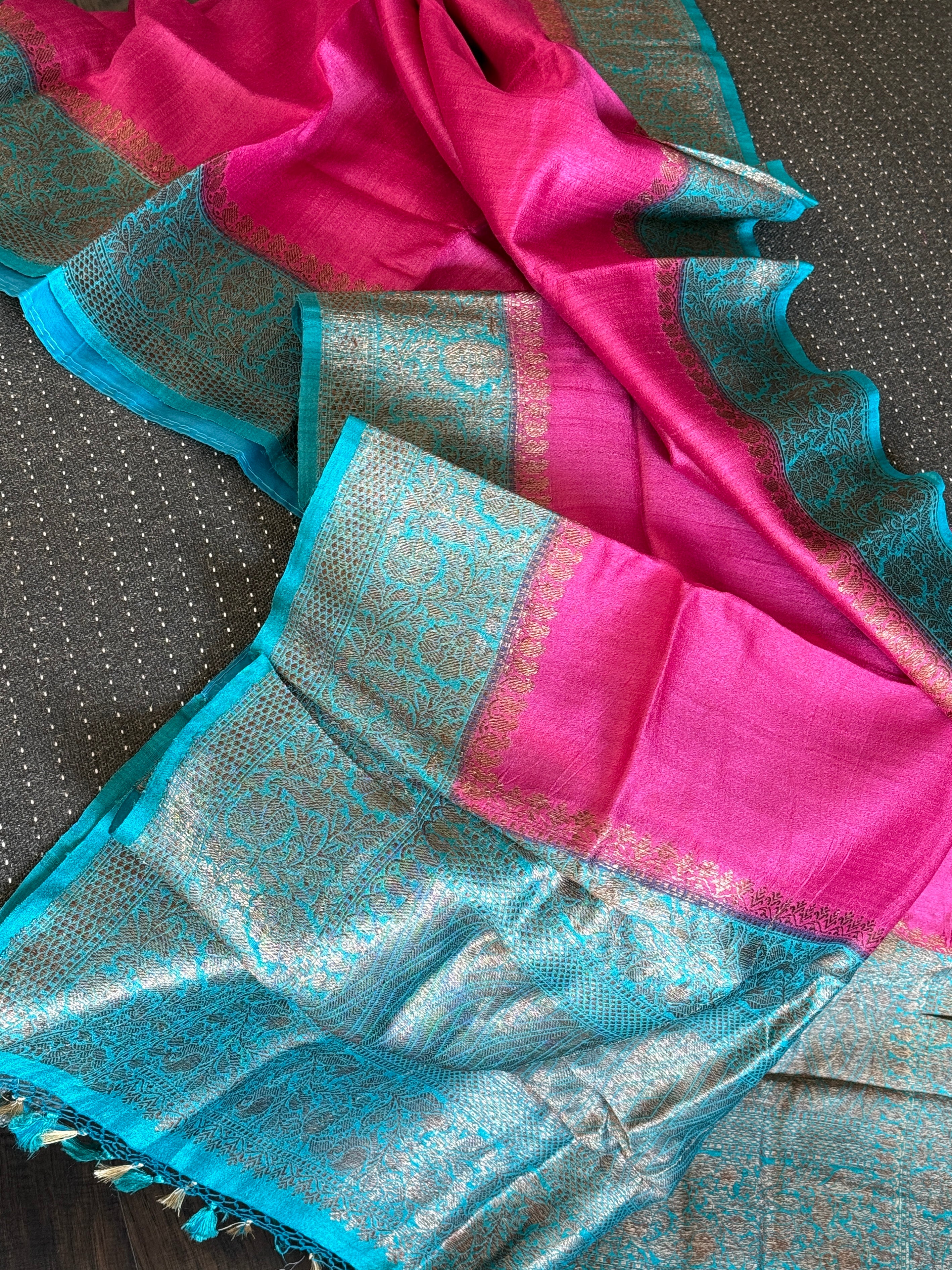 Tussar Silk Banarasi - Magenta Pink Firozi Antique Zari