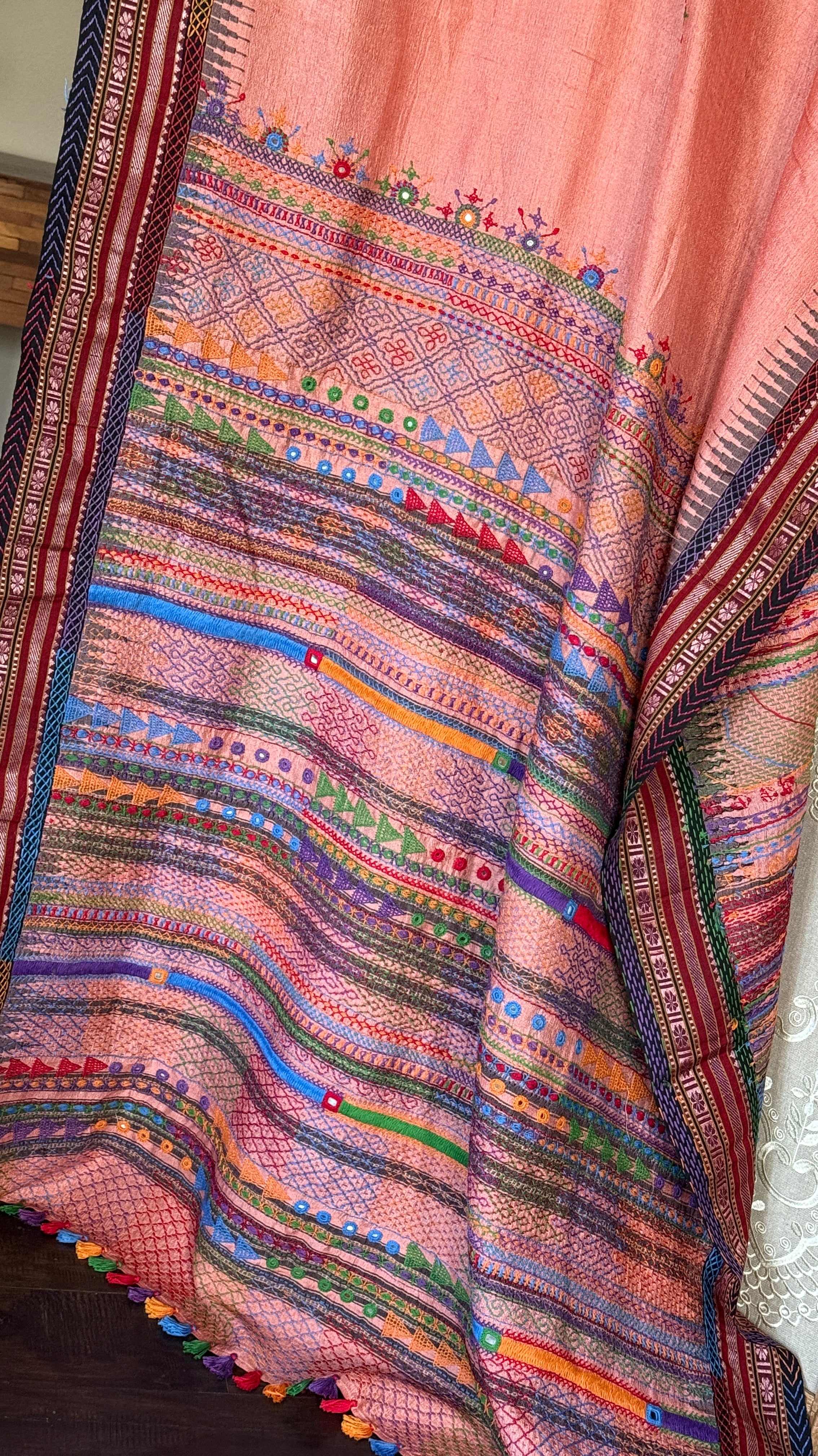 Pure Vidarbha Tussar Lambani - Peach Hand Embroidered