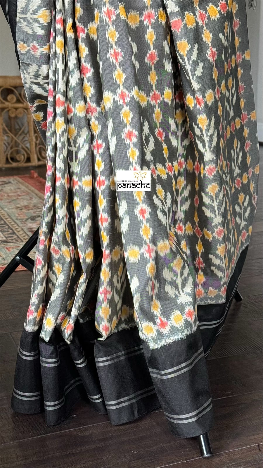 Pure Silk Ikat -  Grey Black Pochampally