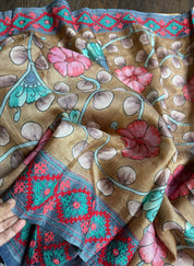 Tussar Silk Pen Kalamkari - Brown Hand Kutch Embroidered