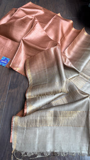 Handwoven Tussar Silk - Light Copper Brown Golden Zari