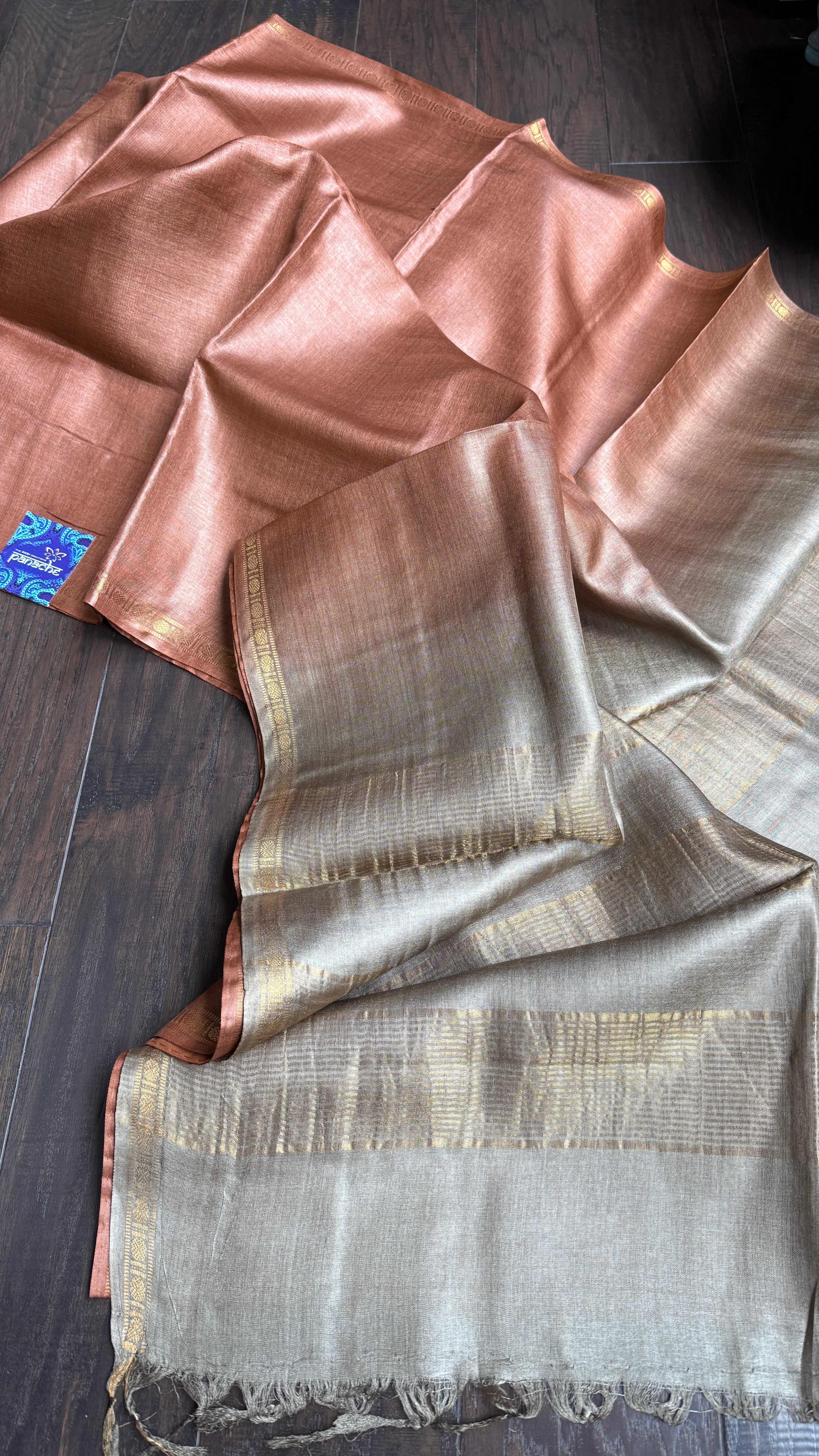 Handwoven Tussar Silk - Light Copper Brown Golden Zari