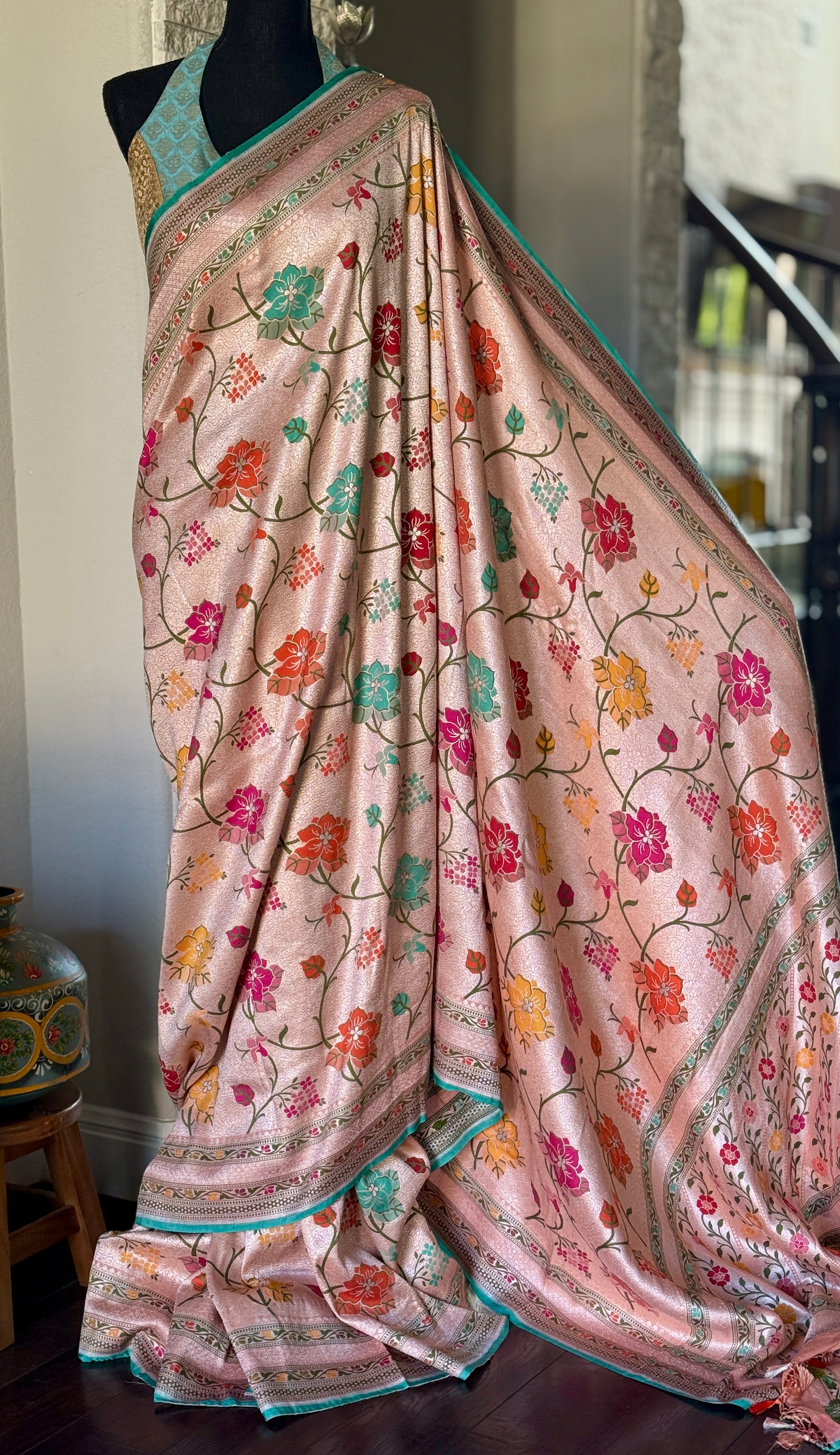 Khaddi Tussar Banarasi -  Peach Sea Meenakari