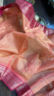 Tissue Chanderi Organza Silk - Dual Shaded Peach Orange Magenta